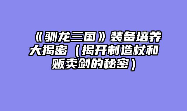 《驯龙三国》装备培养大揭密（揭开制造杖和贩卖剑的秘密）