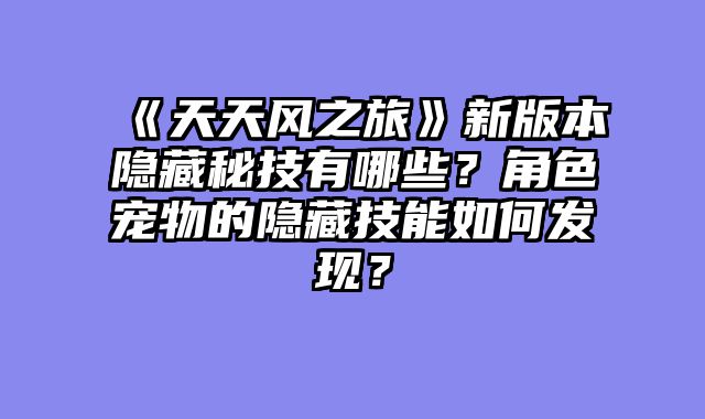 《天天风之旅》新版本隐藏秘技有哪些？角色宠物的隐藏技能如何发现？