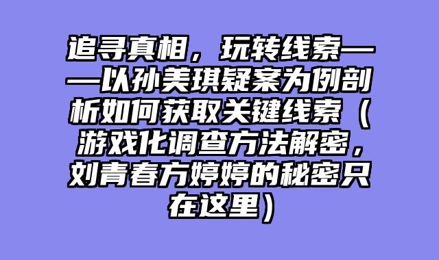 追寻真相，玩转线索——以孙美琪疑案为例剖析如何获取关键线索（游戏化调查方法解密，刘青春方婷婷的秘密只在这里）